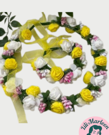 Blomsterkrans Med Roser Silkebånd Hvid Gul Med Lille Corsage