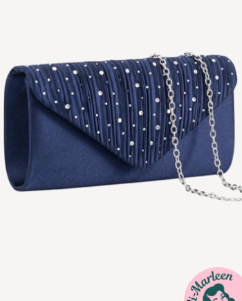 Melodi Mørkeblå Satin Clutch Med Rhinsten   Sølvrem