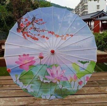 Solparaply Parasol Lyseblå Med Lyserøde åkander
